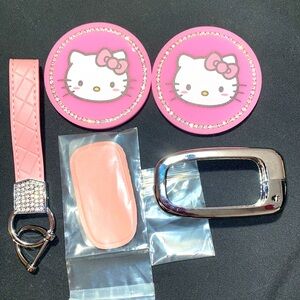HELLO KITTY Cup Holders, Pink Leather Keychain & ?🚗 remote cover w/ Rhinestones